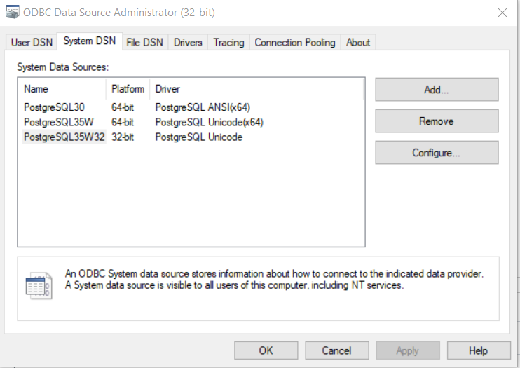 ODBC 32 bit connection to PostgreSQL from SQL Server
