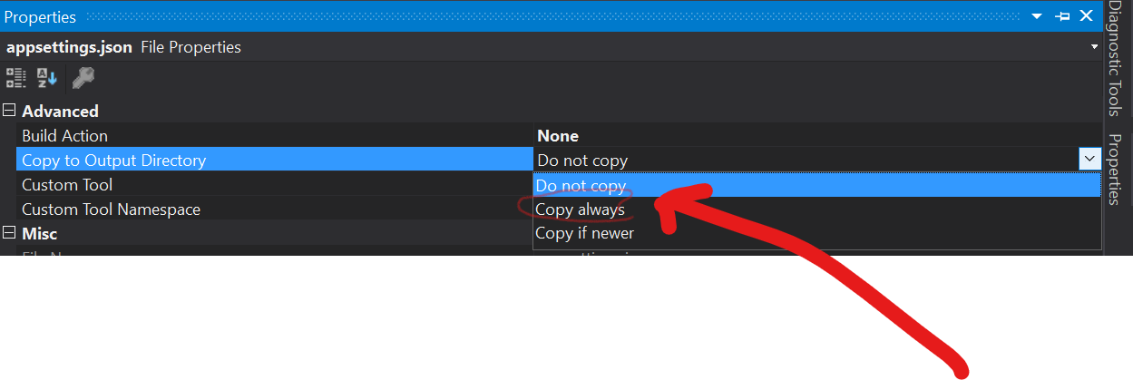 Change AppSettings.json from Do Not Copy to Copy Always appSettings.json file in Asp.net Core 3.1